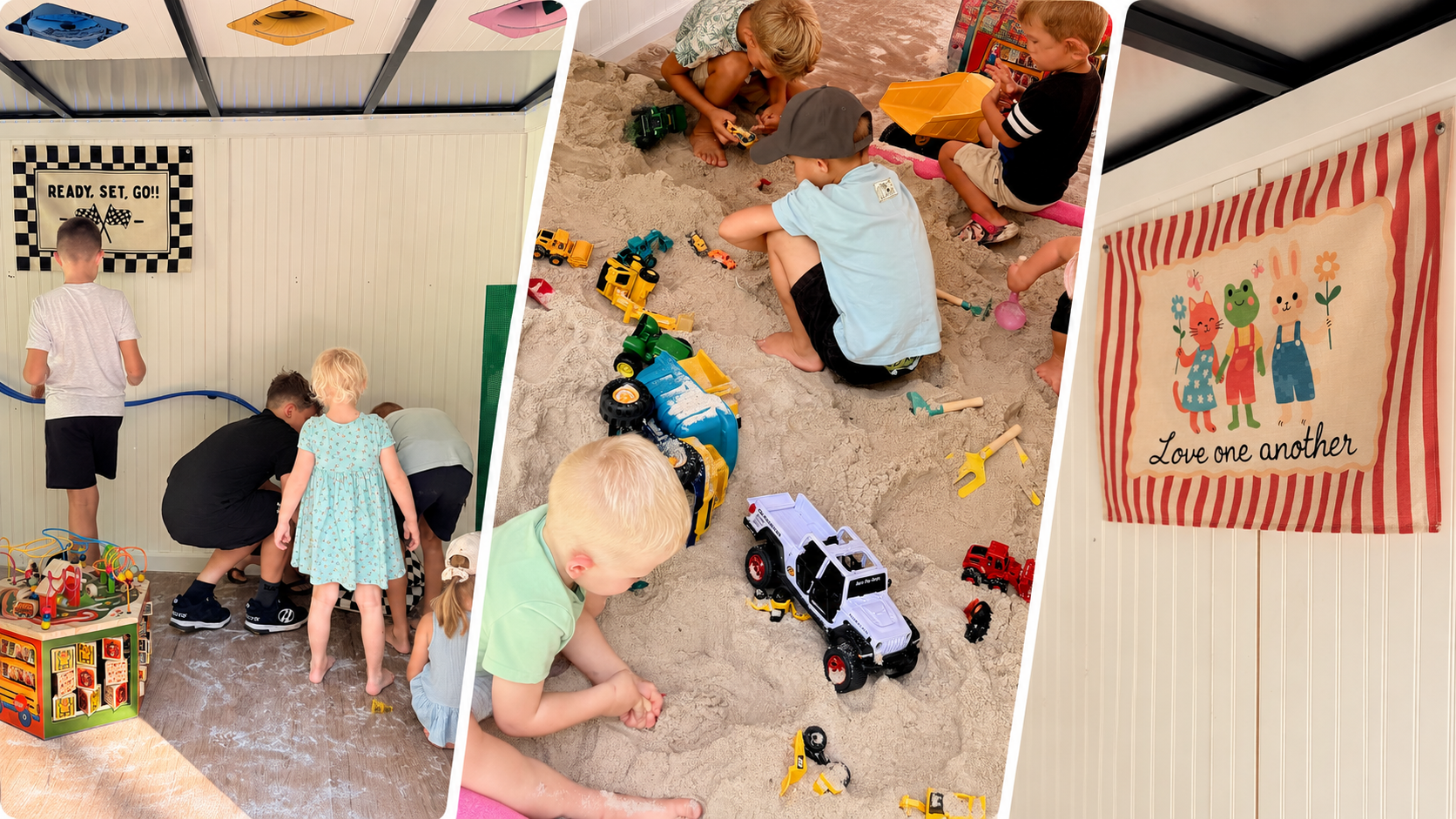 Three views of children exploring and playing inside the FUN ON WHEELS sensory trailer